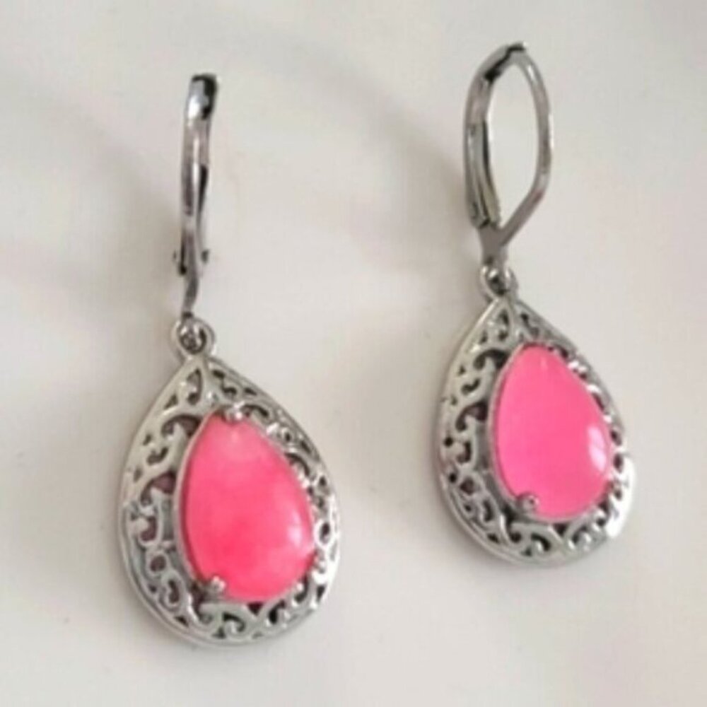 Beautiful Sterling Silver 925 PINK JADE Filigree Dangle Drop Earrings